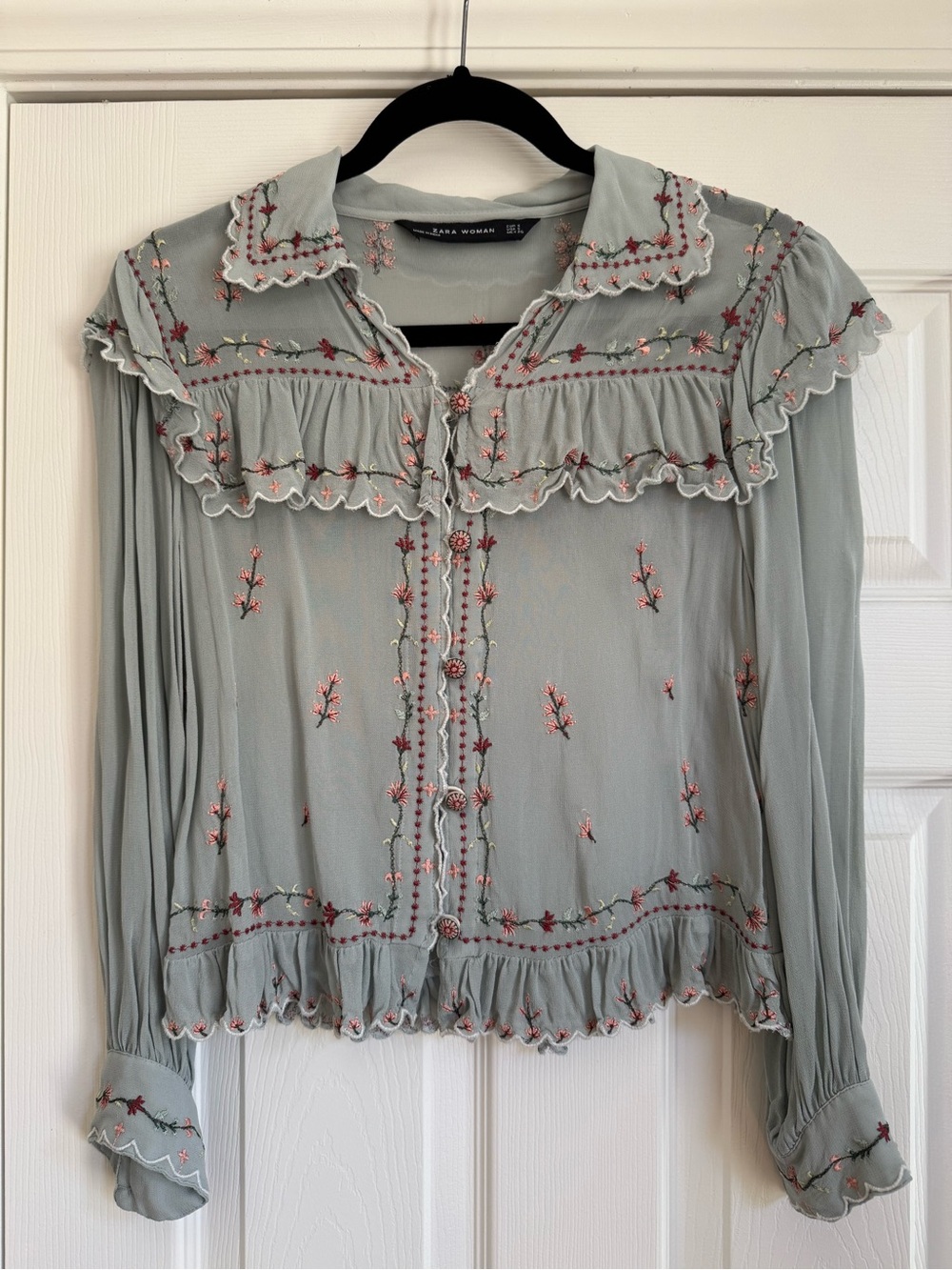 Zara Light Sage Green Floral Embroidered Ruffle Blouse